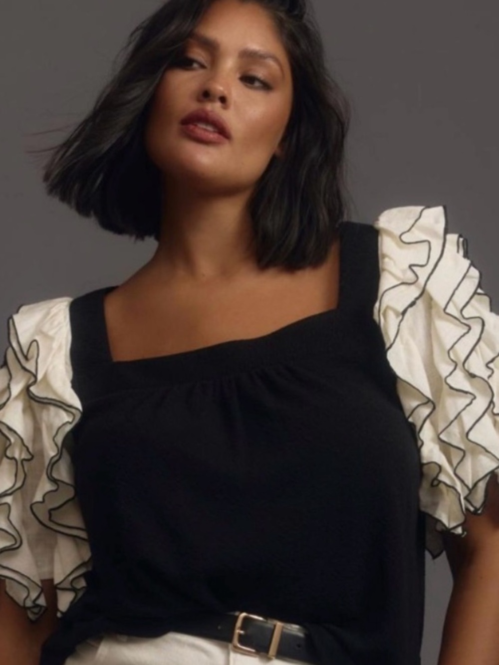 Anthropologie Sunday in Brooklyn Black Square-Neck Top with Ivory Ruffle Sleeves